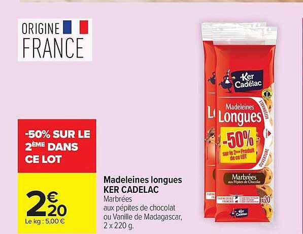 Madeleines longues KER CADELAC Marbrées aux pépites de chocolat ou Vanille de Madagascar, 2 x 220 g.
