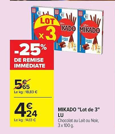 MIKADO "Lot de 3" LU Chocolat au Lait ou Noir, 3 x 100 g.