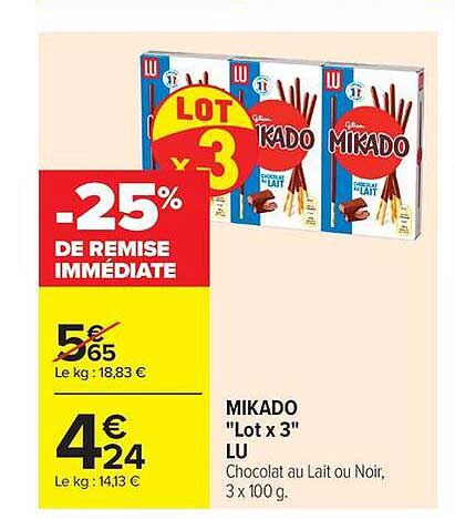 MIKADO "Lot x 3" LU Chocolat au Lait ou Noir, 3 x 100 g.