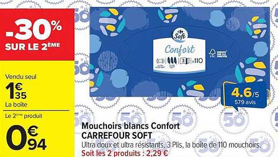 Mouchoirs blancs Confort CARREFOUR SOFT