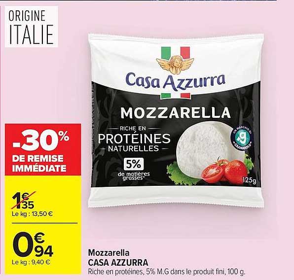 Mozzarella CASA AZZURRA Riche en protéines, 5% M.G dans le produit fini, 100 g.