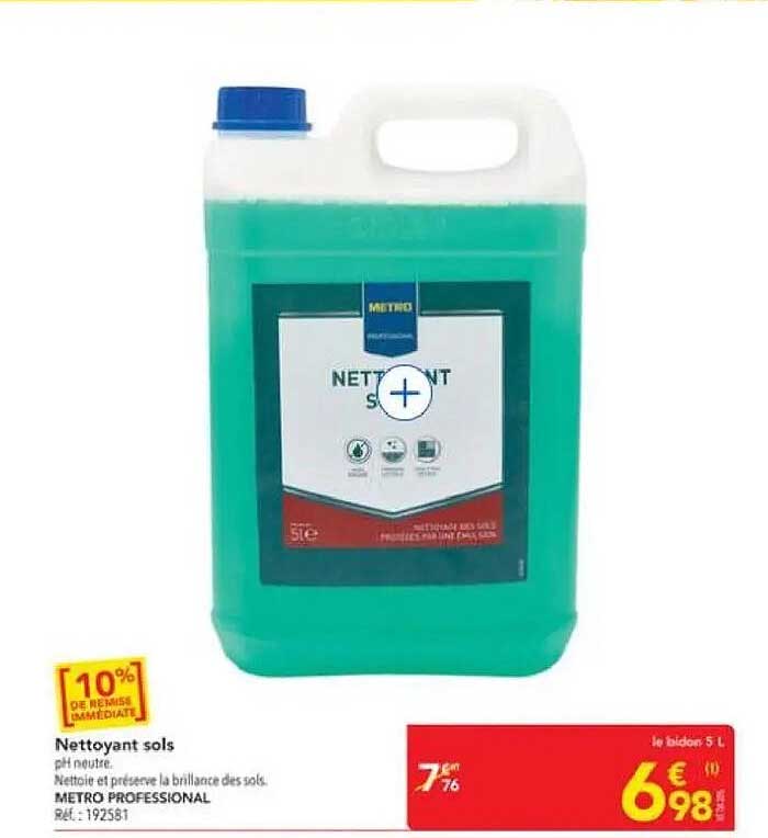 Nettoyant sols pH neutre. Nettoie et préserve la brillance des sols. METRO PROFESSIONAL