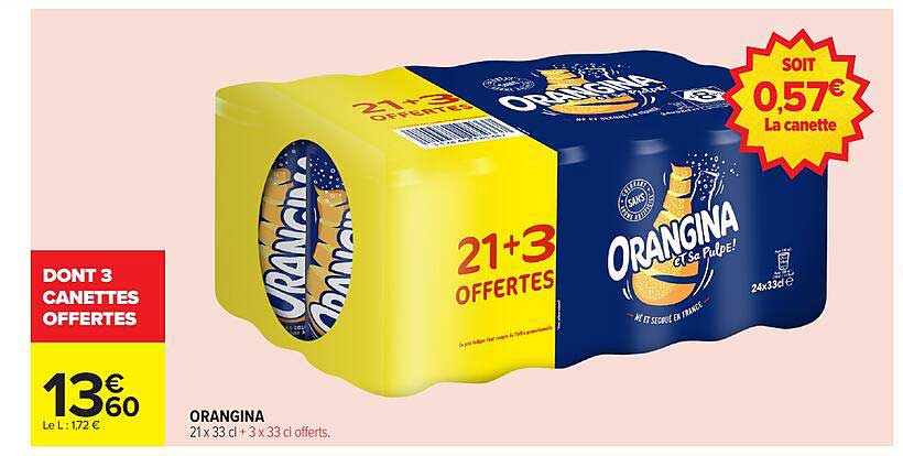 ORANGINA 21 x 33 cl + 3 x 33 cl offerts.