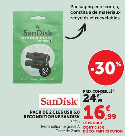 PACK DE 2 CLÉS USB 3.0 RECONDITIONNÉE SANDISK 32Go