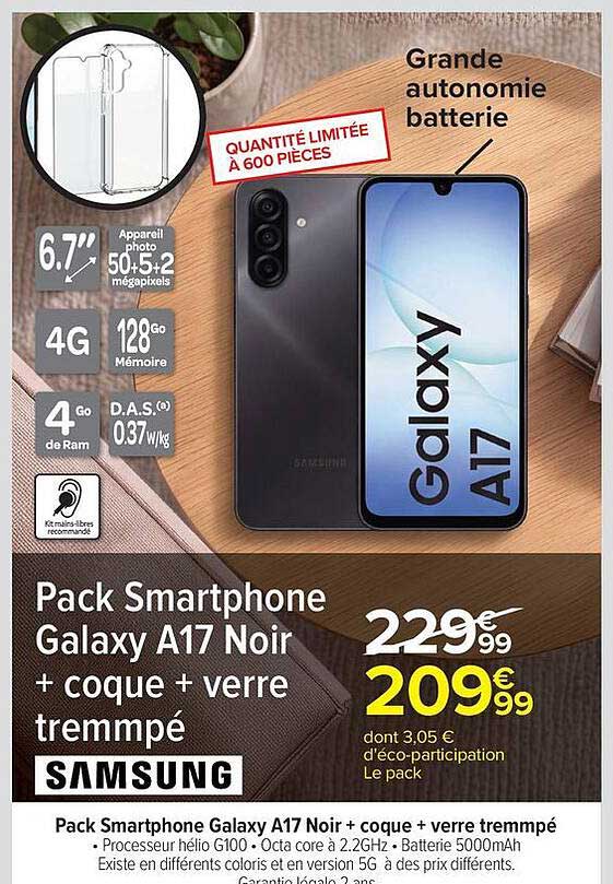Pack Smartphone Galaxy A17 Noir + coque + verre trempé
