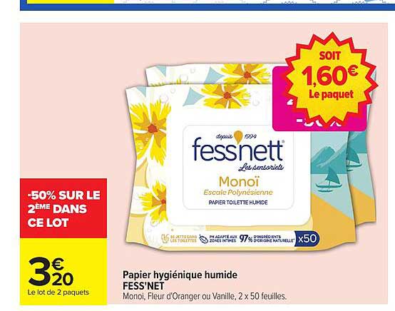 Papier hygiénique humide FESS'NET Monoi, Fleur d'Oranger ou Vanille, 2 x 50 feuilles.
