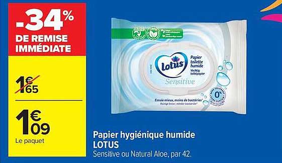 Papier hygiénique humide LOTUS Sensitive ou Natural Aloe, par 42.