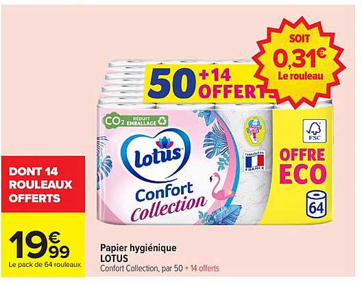PAPIER HYGIÉNIQUE LOTUS Confort Collection, par 50 + 14 offerts