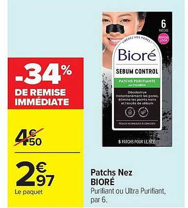 Patchs Nez BIORÉ Purifiant ou Ultra Purifiant, par 6.
