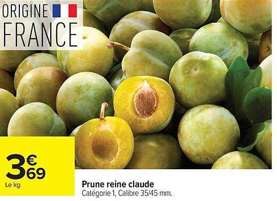 Prune reine claud. Catégorie 1, Calibre 35/45 mm.