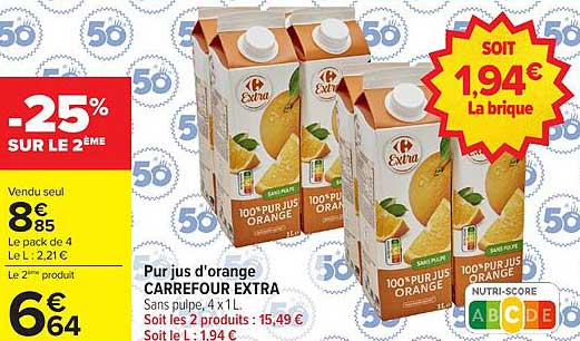 Pur jus d'orange CARREFOUR EXTRA