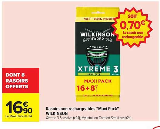 Rasoirs non rechargeables "Maxi Pack" WILKINSON Xtreme 3 Sensitive (x24), My Intuition Comfort Sensitive (x24).
