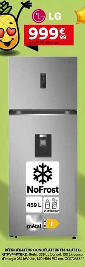 REFRIGERATEUR CONGELATEUR EN HAUT LG (GTFV44PYBKD, Réf. 359 L; Congel. 100 L), conso. d'énergie 252 kWh/an, L 70 H 184 P 72 cm. CO012833