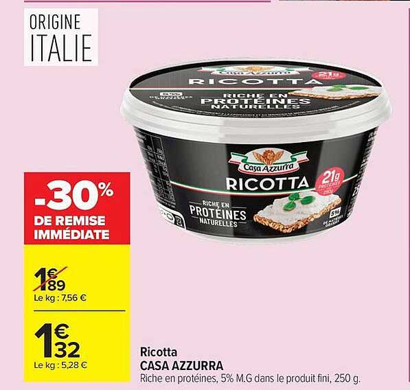 Ricotta CASA AZZURRA Riche en protéines, 5% M.G dans le produit fini, 250 g