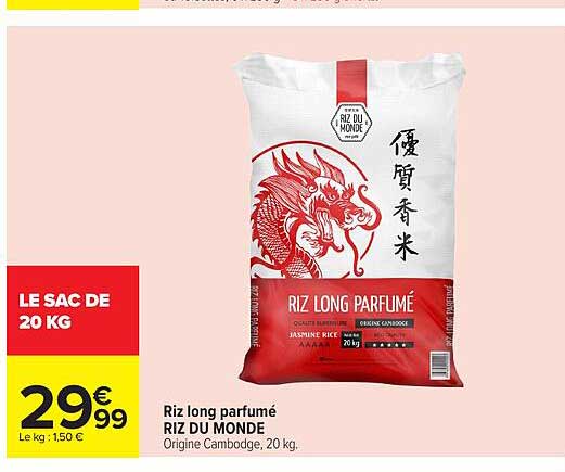 Riz long parfumé RIZ DU MONDE Origine Cambodge, 20 kg.