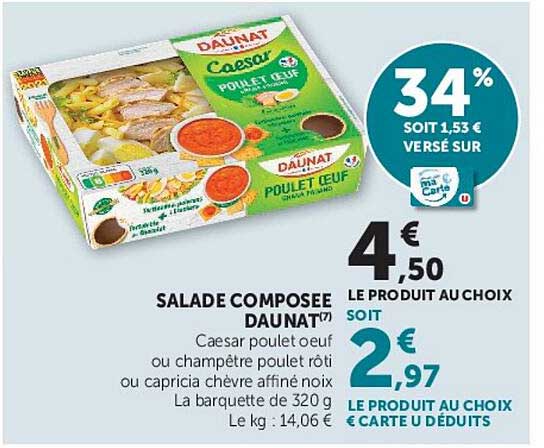 SALADE COMPOSEE DAUNAT Caesar poulet oeuf ou champêtre poulet rôti ou capricia chèvre affiné noix La barquette de 320 g Le kg : 14,06 €
