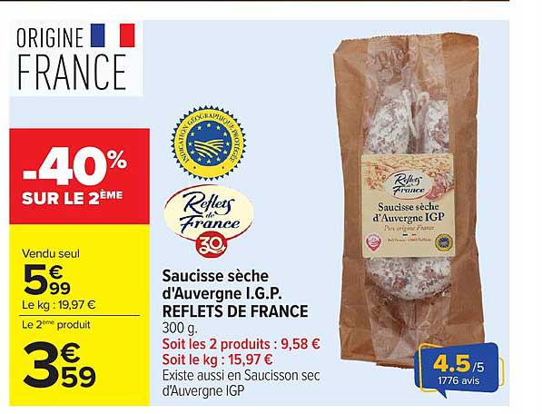 Saucisse sèche d'Auvergne I.G.P. REFLETS DE FRANCE 300 g