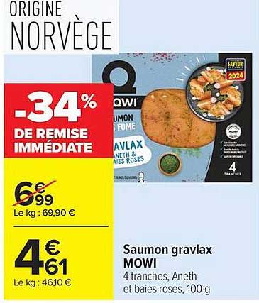 Saumon gravlax MOWI 4 tranches, Aneth et baies roses, 100 g