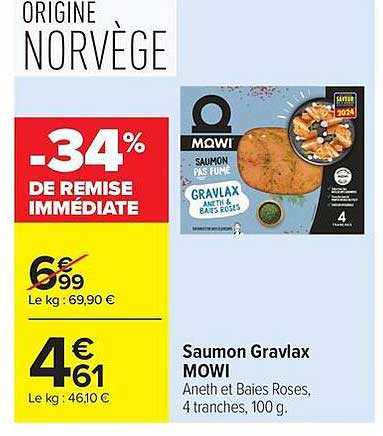 Saumon Gravlax MOWI Aneth et Baies Roses, 4 tranches, 100 g.