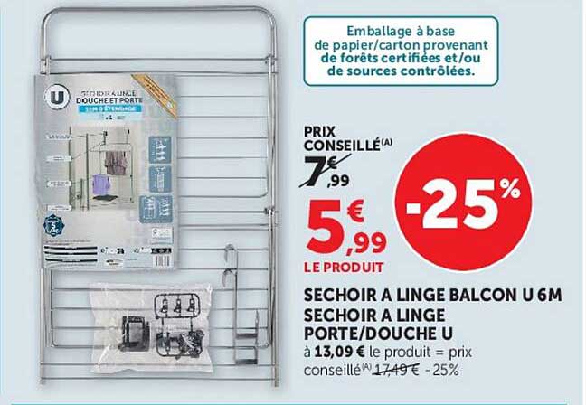 SECHOIR A LINGE BALCON U 6M SECHOIR A LINGE PORTE/DOUCHE U