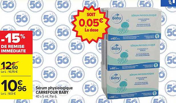 Sérum physiologique CARREFOUR BABY 40 x 5 ml, Par 6.