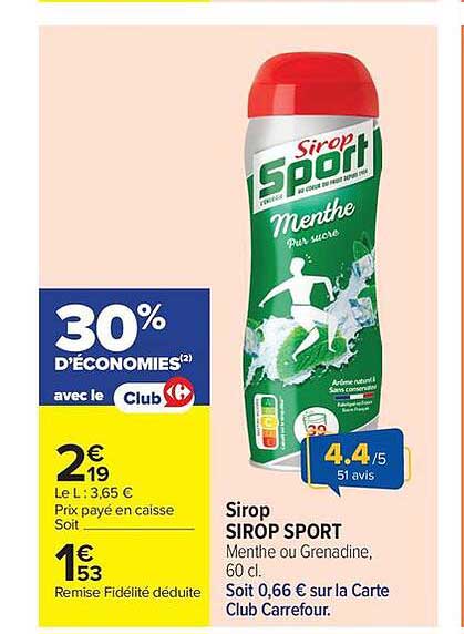Sirop SIROP SPORT Menthe ou Grenadine, 60 cl.