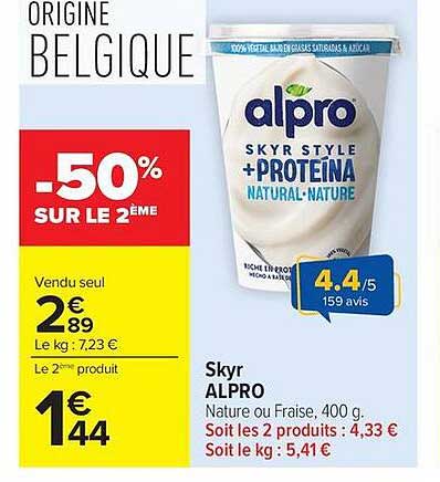 Skyr ALPRO Nature ou Fraise, 400 g.