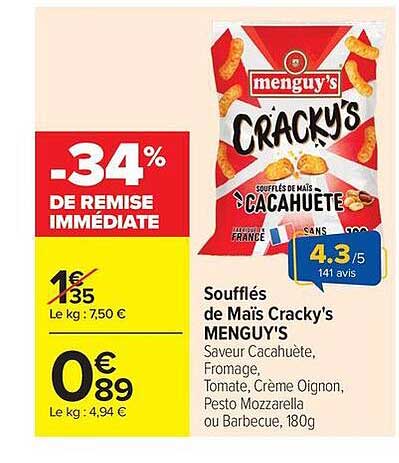 Soufflés de Maïs Cracky's MENGUY'S Saveur Cacahuète, Fromage, Tomate, Crème Oignon, Pesto Mozzarella ou Barbecue, 180g