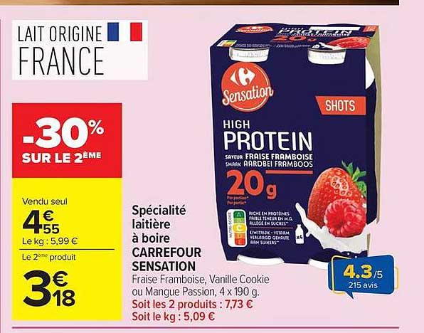 Spécialité laitière à boire Carrefour Sensation