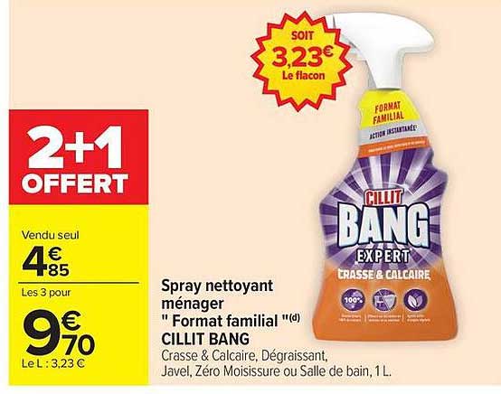 Spray nettoyant ménager " Format familial " CILLIT BANG Crasse & Calcaire, Dégraissant, Javel, Zéro Moisissure ou Salle de bain, 1 L.