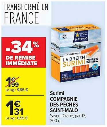 Surimi COMPAGNIE DES PÊCHES SAINT-MALO Saveur Crabe, par 12, 200 g.