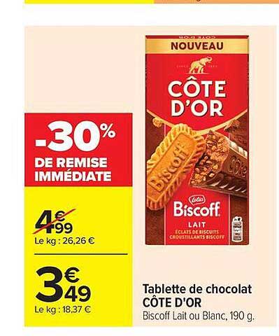 Tablette de chocolat CÔTE D'OR Biscoff Lait ou Blanc, 190 g.