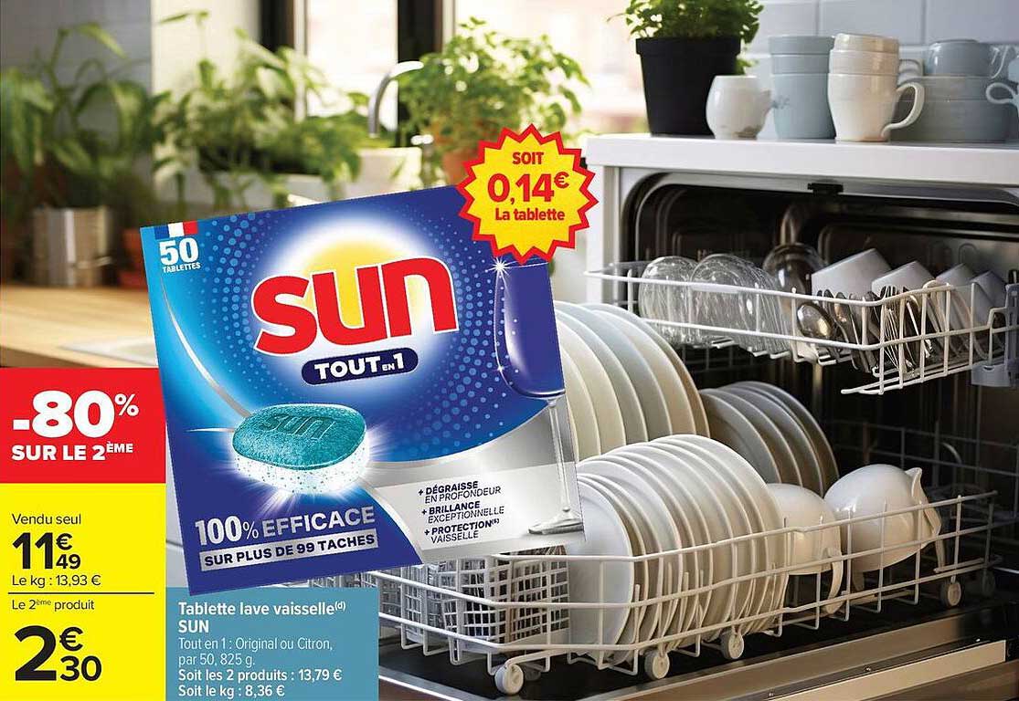 Tablette lave vaisselle SUN Tout en 1 : Original ou Citron, par 50, 825 g