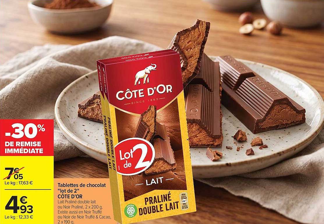 Tablettes de chocolat "lot de 2" CÔTE D'OR Lait praliné double lait ou Noir praliné, 2 x 200 g. Existe aussi en Noir Truffe ou Noir Truffe & Cacao, 2 x 190 g.