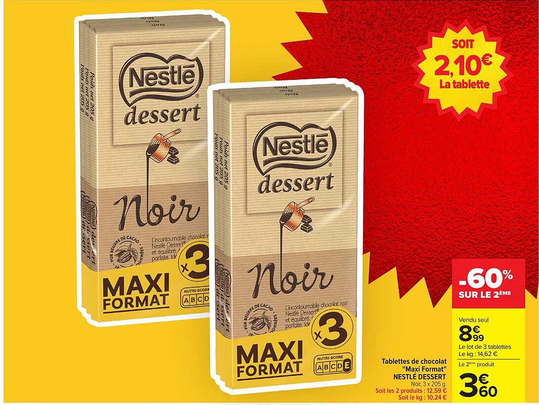 Tablettes de chocolat "Maxi Format" NESTLÉ DESSERT Noir, 3 x 205 g.