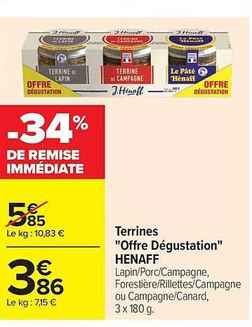 Terrines "Offre Dégustation" HENAFF Lapin/Porc/Campagne, Forestière/Rillettes/Campagne ou Campagne/Canard, 3 x 180 g.
