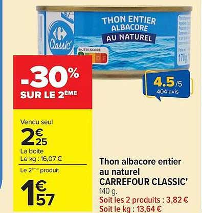 Thon albacore entier au naturel CARREFOUR CLASSIC'