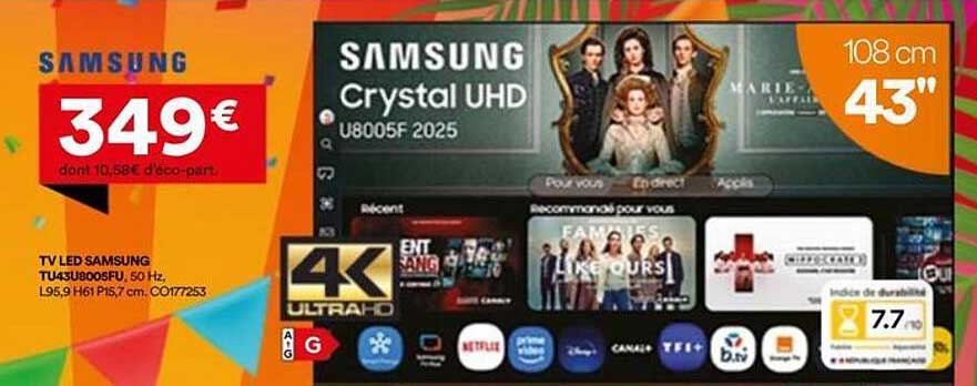 TV LED SAMSUNG TU43U8005FU, 50 Hz, L95.9 H61 P5.7 cm, C0177253