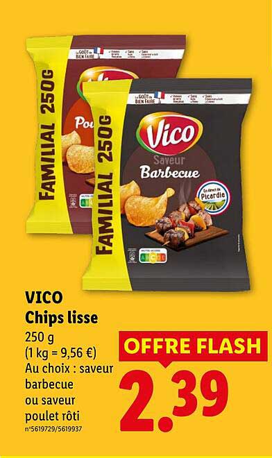 VICO Chips lisse 250 g (1 kg = 9,56 €) Au choix : saveur barbecue ou saveur poulet rôti