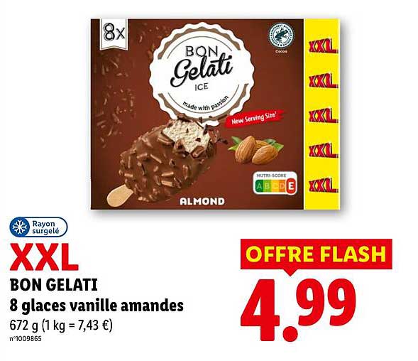XXL BON GELATI 8 glaces vanille amandes 672 g (1 kg = 7,43 €)