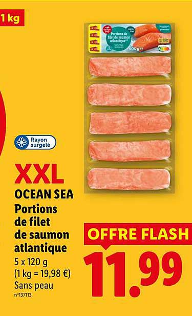 XXL OCEAN SEA Portions de filet de saumon atlantique 5 x 120 g (1 kg = 19,98 €) Sans peau