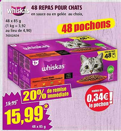 48 REPAS POUR CHATS en sauce ou en gelée au choix, 48 pochons