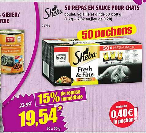 50 REPAS EN SAUCE POUR CHATS Sheba poulet, volaille et dinde,50 x 50 g (1 kg = 7,82 au lieu de 9,20)