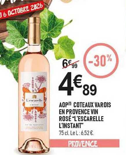 AOP(*) COTEAUX VAROIS EN PROVENCE VIN ROSÉ “L’ESCARELLE L’INSTANT”