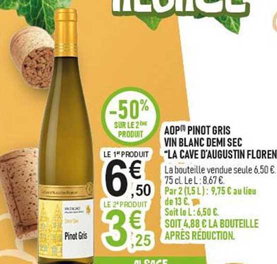 AOP(1) PINOT GRIS VIN BLANC DEMI SEC "LA CAVE D'AUGUSTIN FLOREN..."