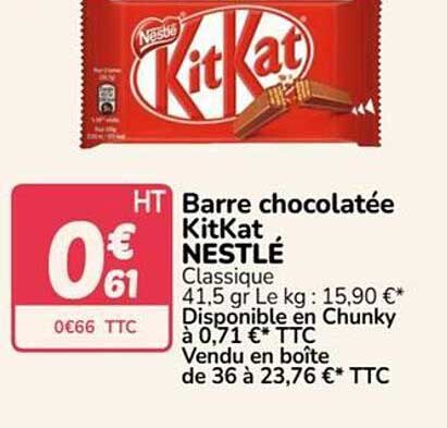 Barre chocolatée KitKat NESTLÉ Classique 41,5 gr Le kg : 15,90 €* Disponible en Chunky à 0,71 €* TTC Vendu en boîte de 36 à 23,76 €* TTC