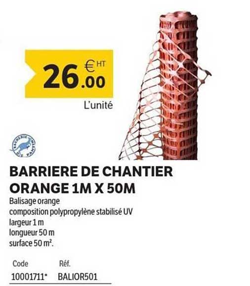 BARRIERE DE CHANTIER ORANGE 1M X 50M