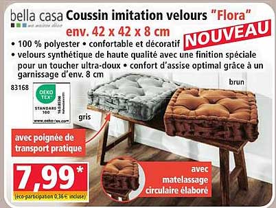 bella casa Coussin imitation velours "Flora" env. 42 x 42 x 8 cm