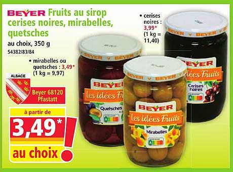 BEYER Fruits au sirop cerises noires, mirabelles, quetsches au choix, 350 g