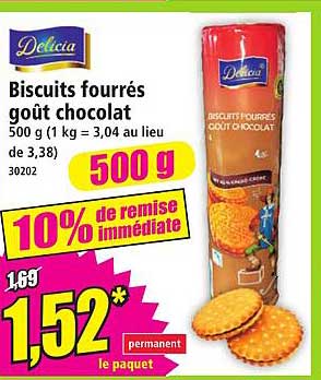 Biscuits fourrés goût chocolat 500 g (1 kg = 3,04 au lieu de 3,38) 30202
